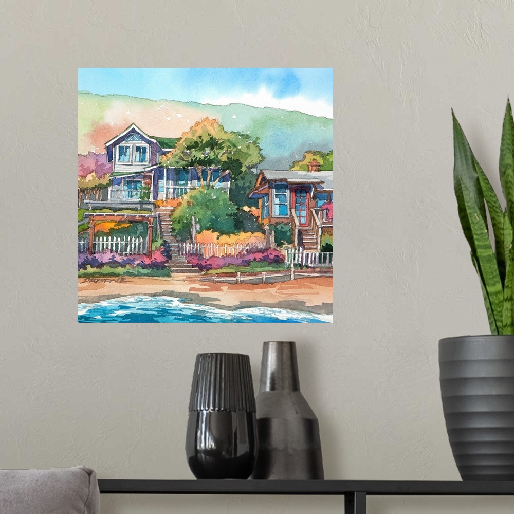 A modern room featuring Watercolor painting of the bungalows along Crystal Cove in Newport Beach, California