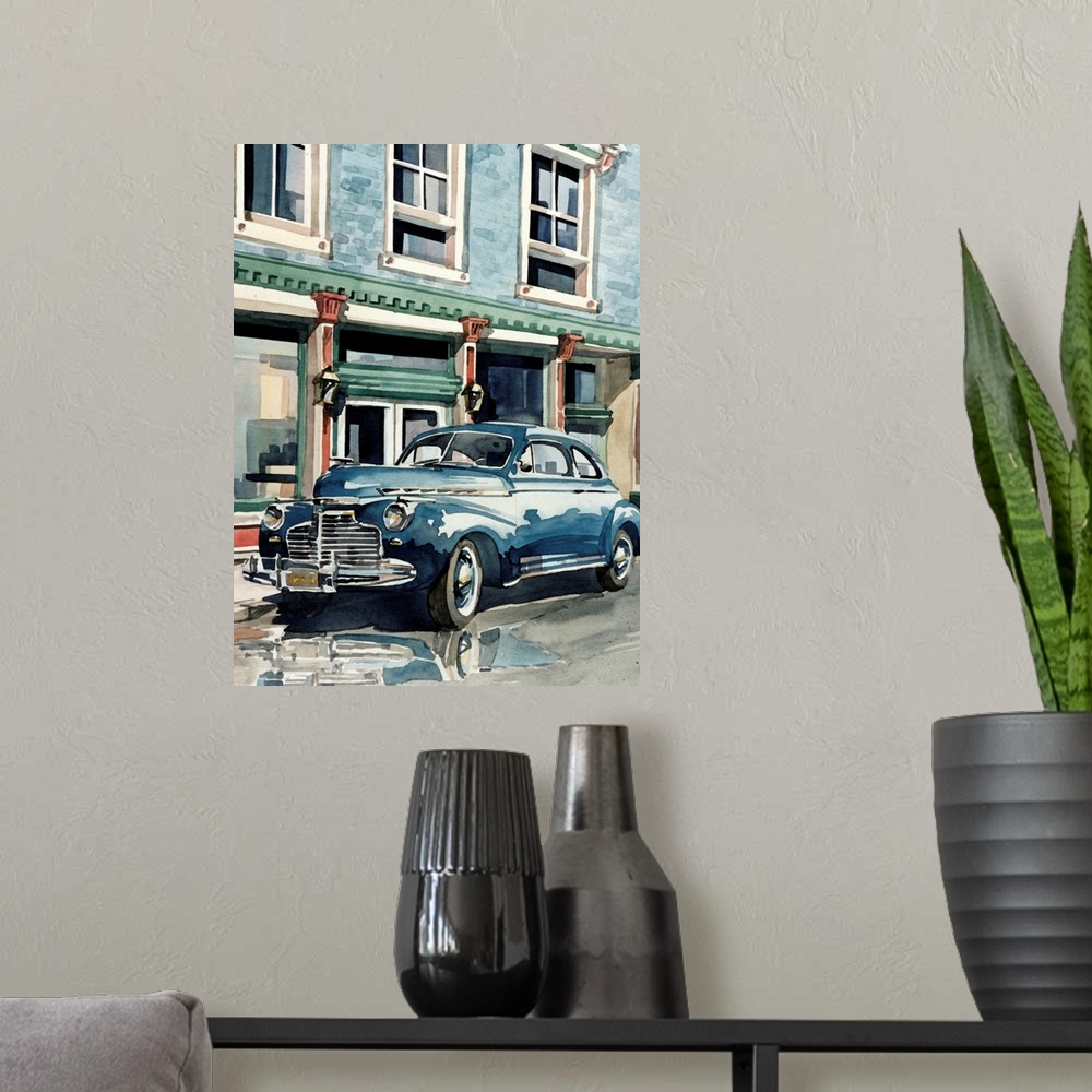 A modern room featuring Watercolor painting of a 1941 Chevrolet pulled up to the curb.