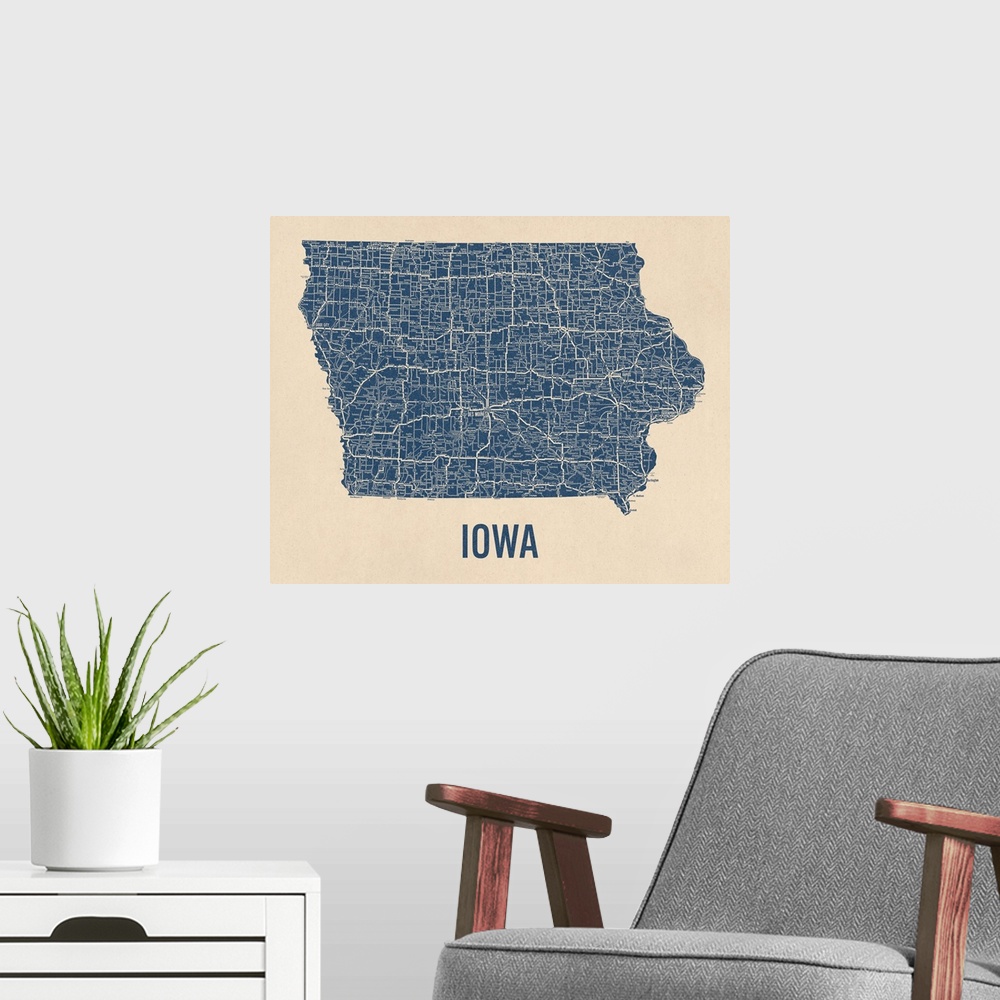 A modern room featuring Vintage Iowa Road Map 1