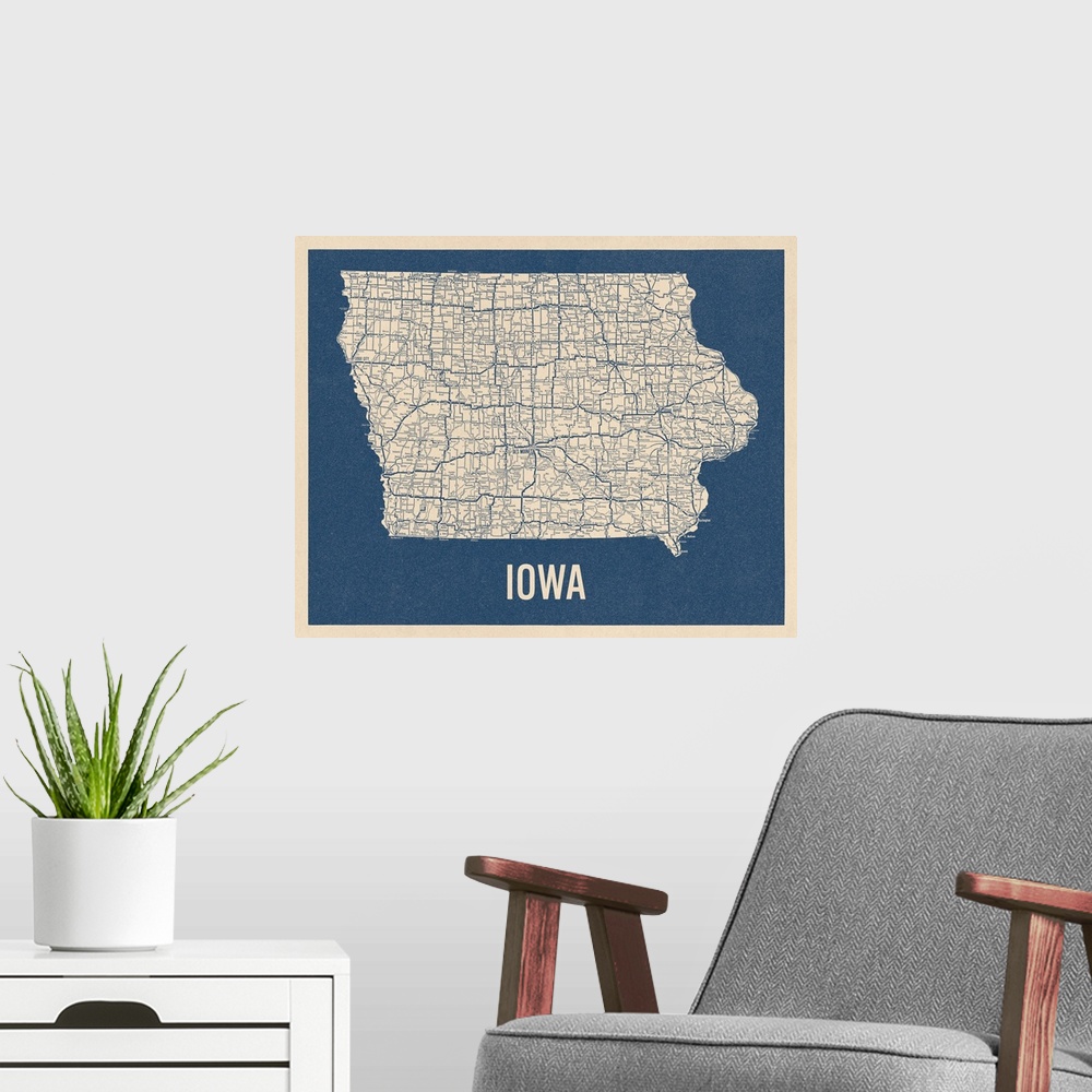 A modern room featuring Vintage Iowa Road Map 2