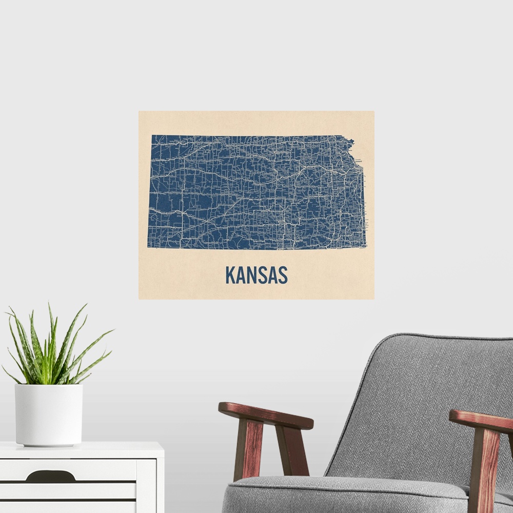 A modern room featuring Vintage Kansas Road Map 1