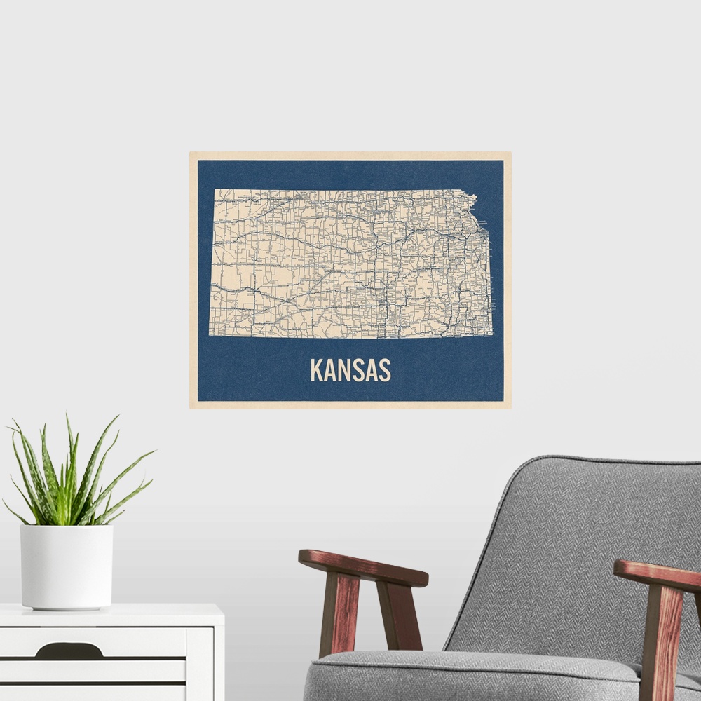 A modern room featuring Vintage Kansas Road Map 2