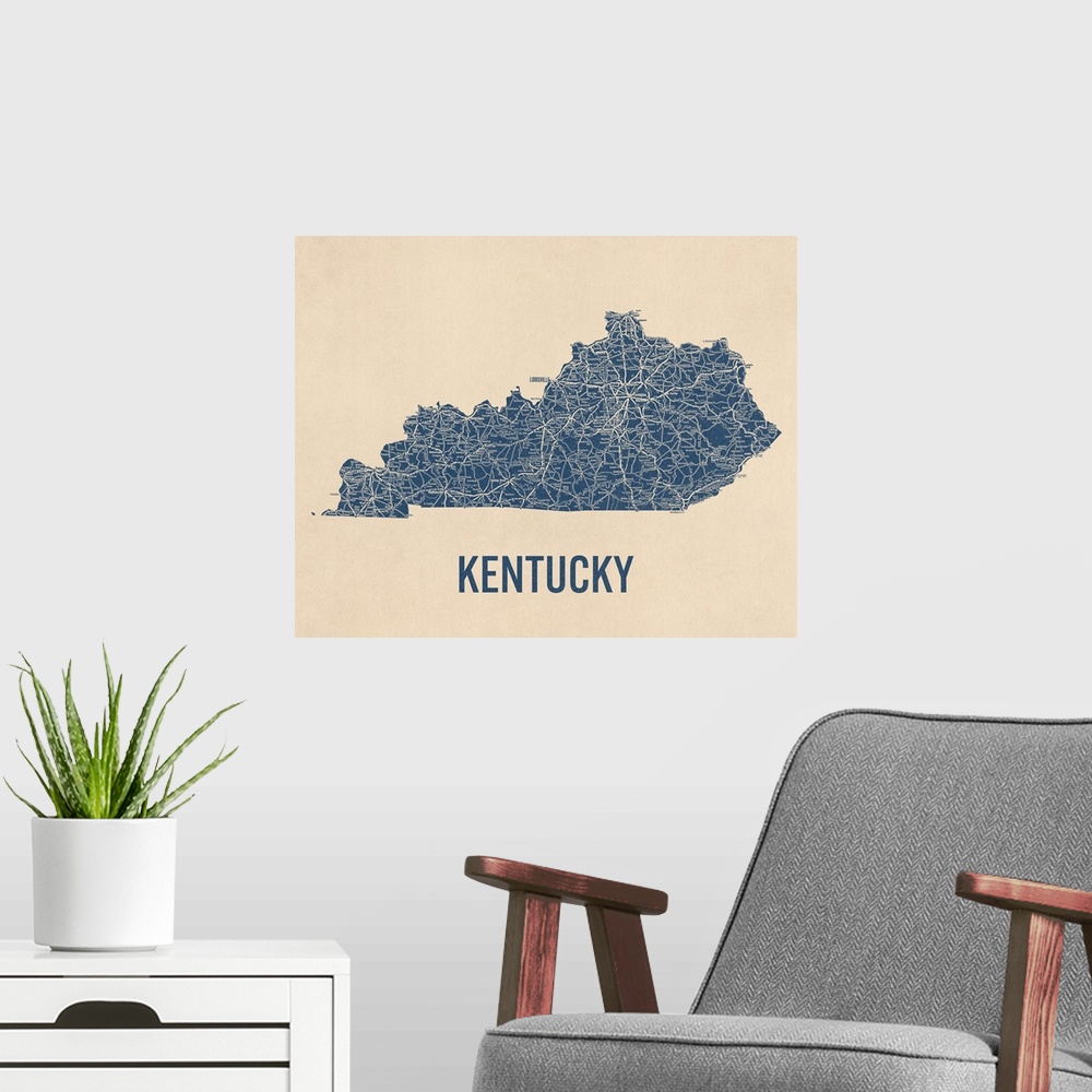 A modern room featuring Vintage Kentucky Road Map 1