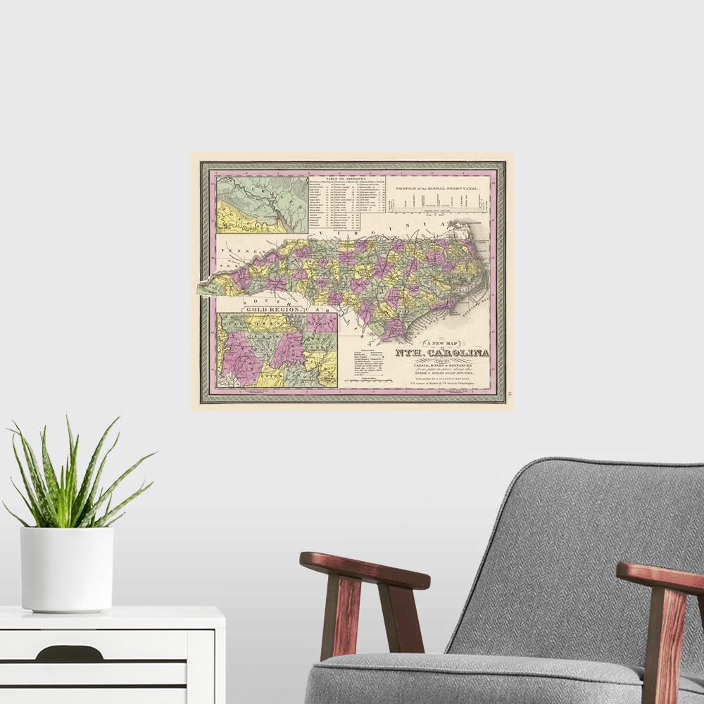 A modern room featuring Vintage Map of North Carolina, with its Canals, Roads and Distances from Place to Place