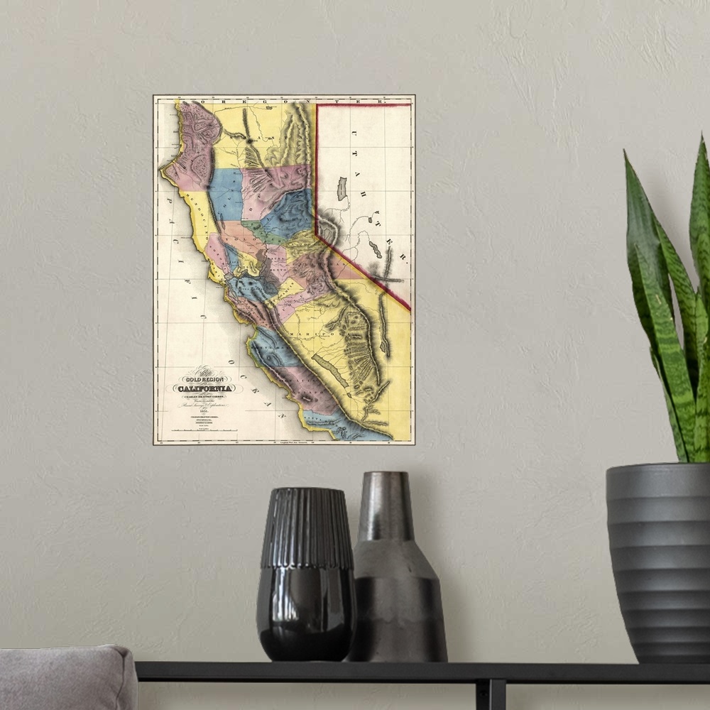 A modern room featuring Big, vertical vintage map of the Gold Region of California, made up of multicolored sections, on ...
