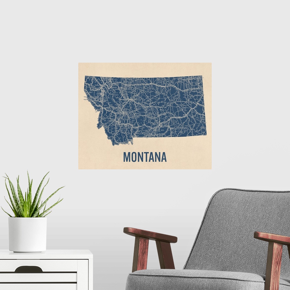 A modern room featuring Vintage Montana Road Map 1