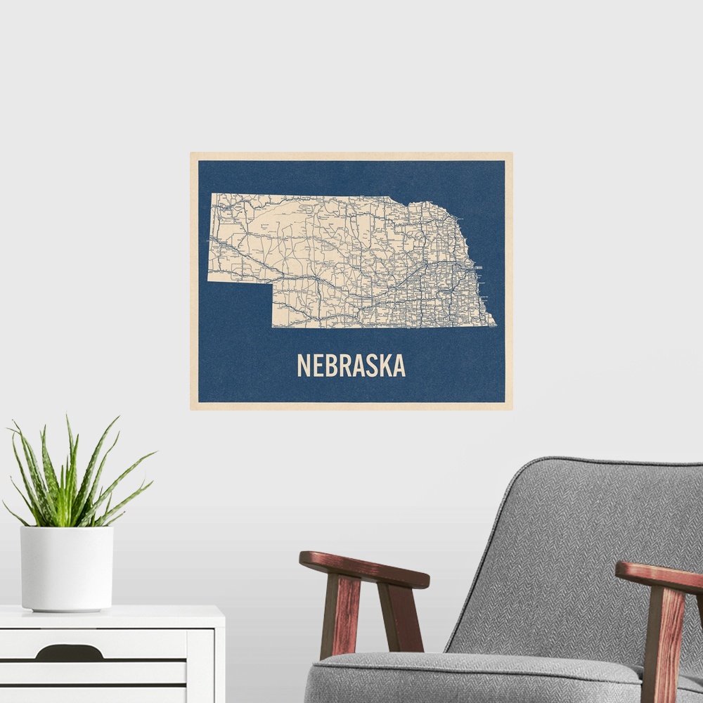 A modern room featuring Vintage Nebraska Road Map 2