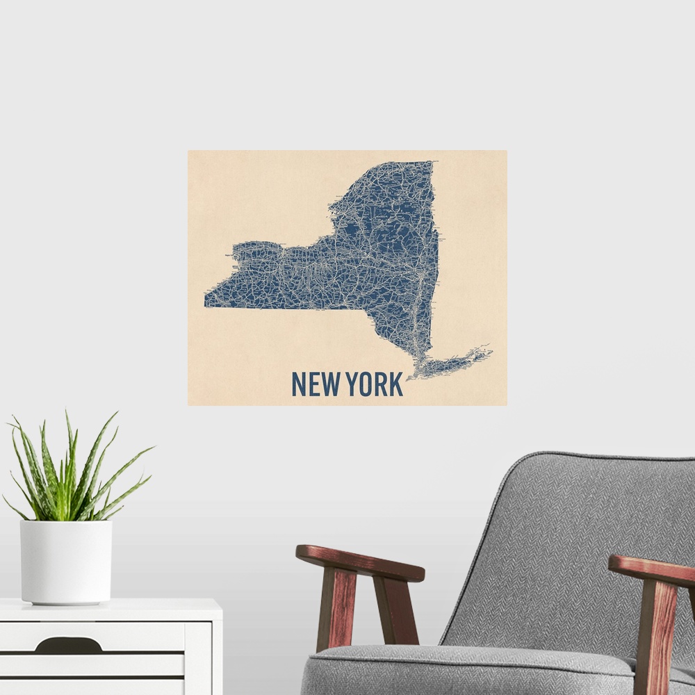 A modern room featuring Vintage New York State Road Map 1