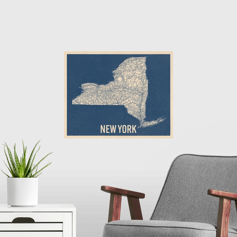 A modern room featuring Vintage New York State Road Map 2