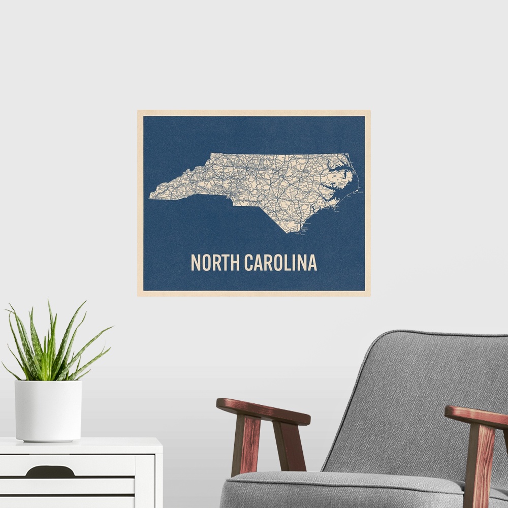 A modern room featuring Vintage North Carolina Road Map 2