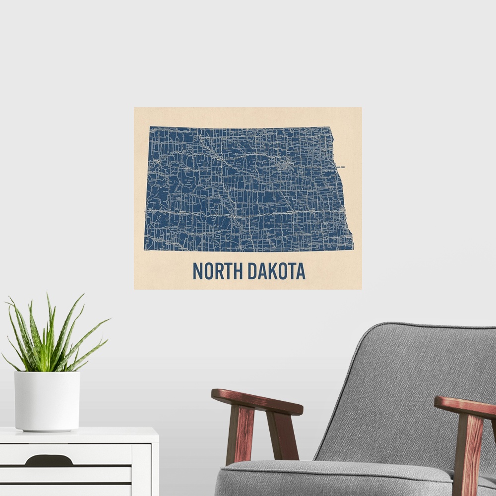 A modern room featuring Vintage North Dakota Road Map 1