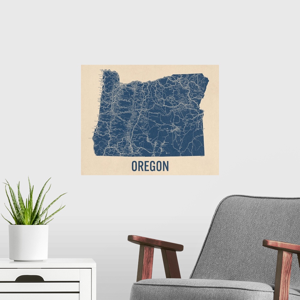 A modern room featuring Vintage Oregon Road Map 1