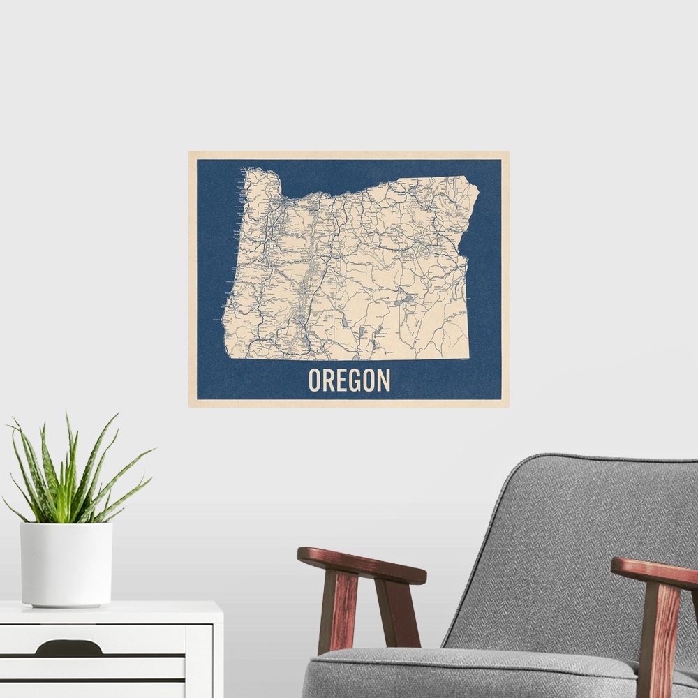 A modern room featuring Vintage Oregon Road Map 2