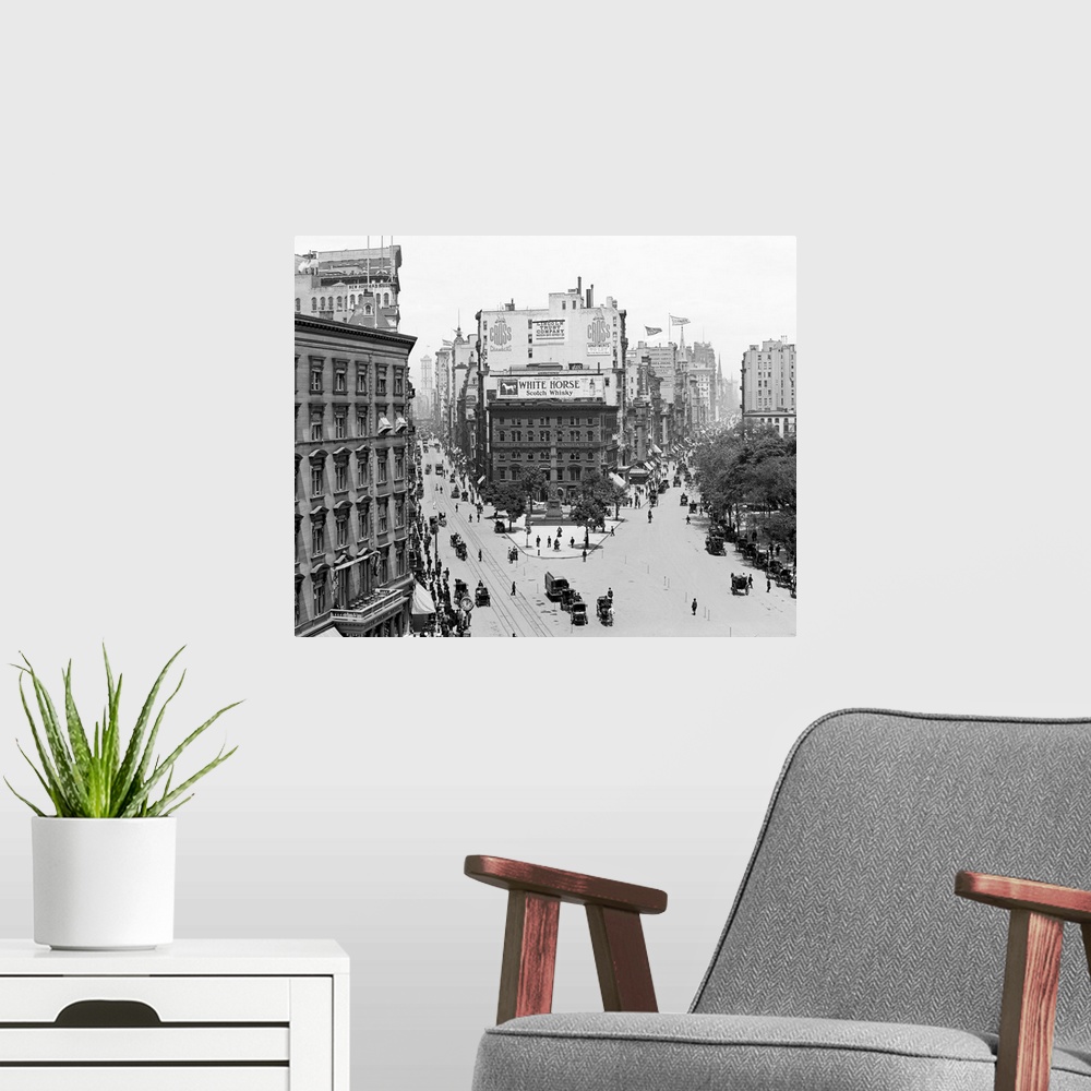 A modern room featuring Vintage photograph of Broadway and Fifth Avenue, New York City