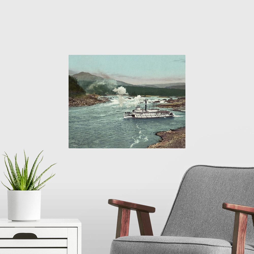 A modern room featuring Vintage photograph of Columbia River Cascades and Steamboat