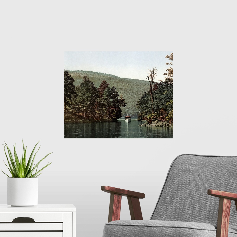 A modern room featuring Vintage photograph of Lake George, New York