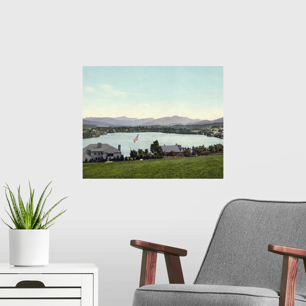 A modern room featuring Vintage photograph of Lake Placid, New York