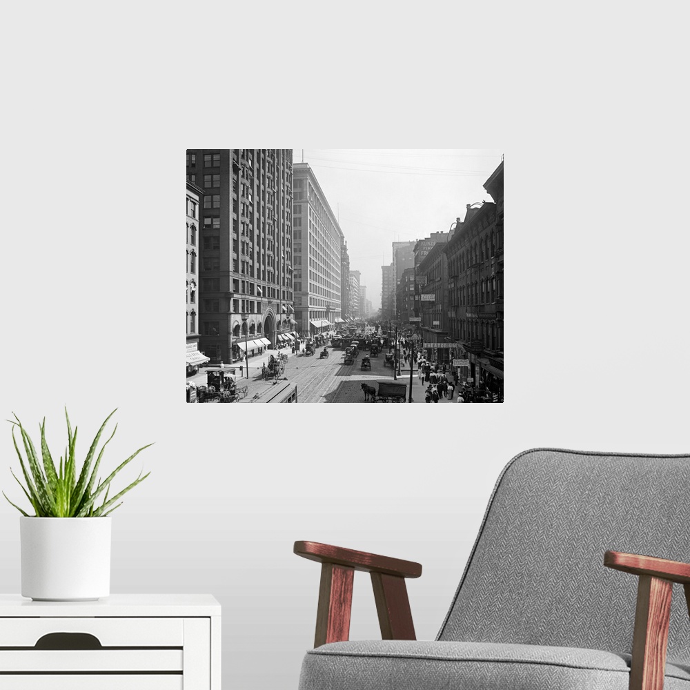 A modern room featuring Vintage photograph of State Street South from Lake Street, Chicago, Illinois
