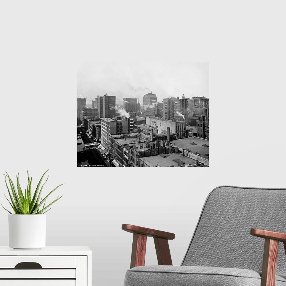 A modern room featuring Vintage photograph of The Heart of Chicago, Illinois