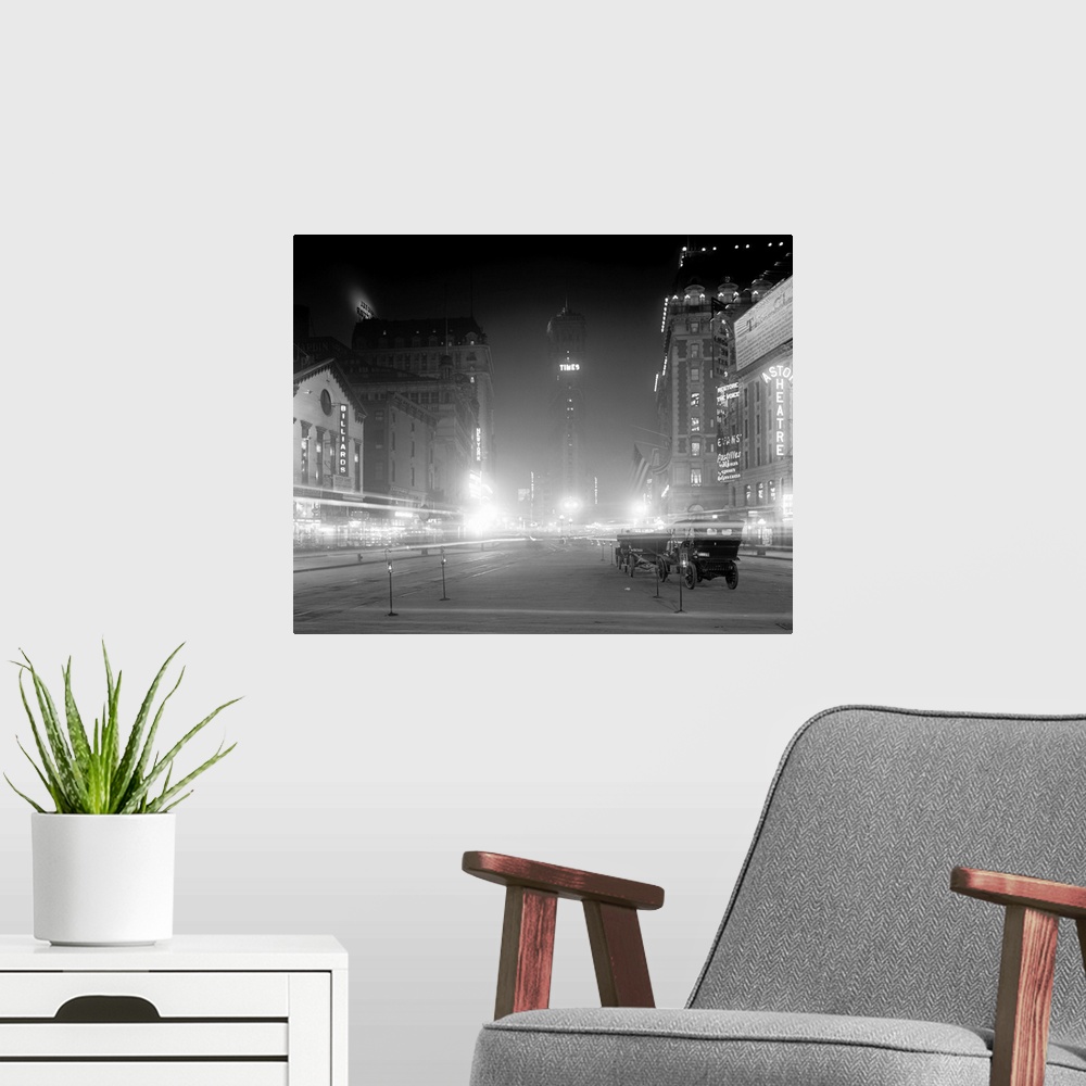 A modern room featuring Vintage photograph of Times Square at Night, New York City