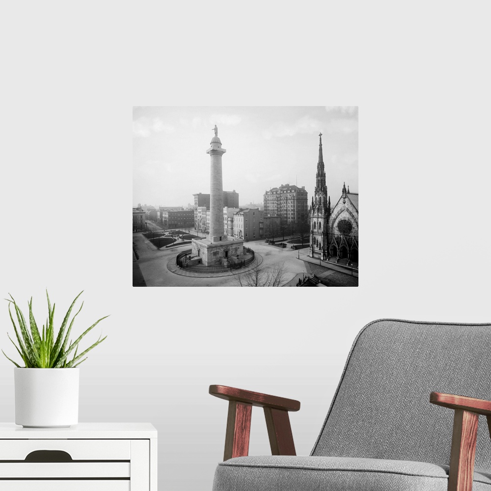 A modern room featuring Vintage photograph of Washington Monument, Baltimore, Maryland