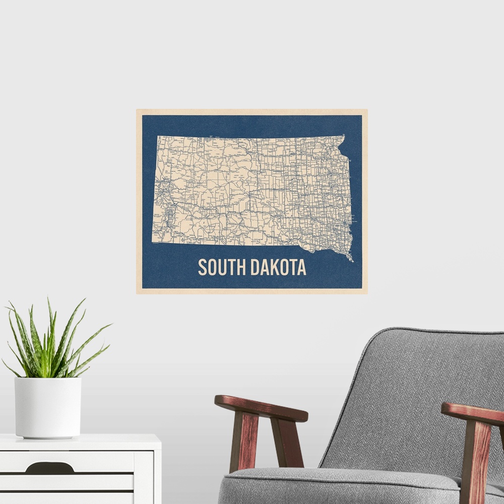 A modern room featuring Vintage South Dakota Road Map 2