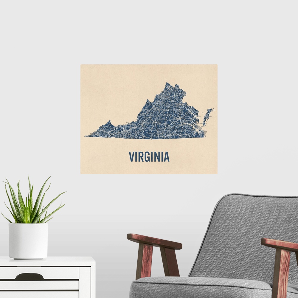A modern room featuring Vintage Virginia Road Map 1