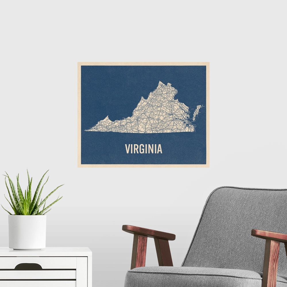 A modern room featuring Vintage Virginia Road Map 2
