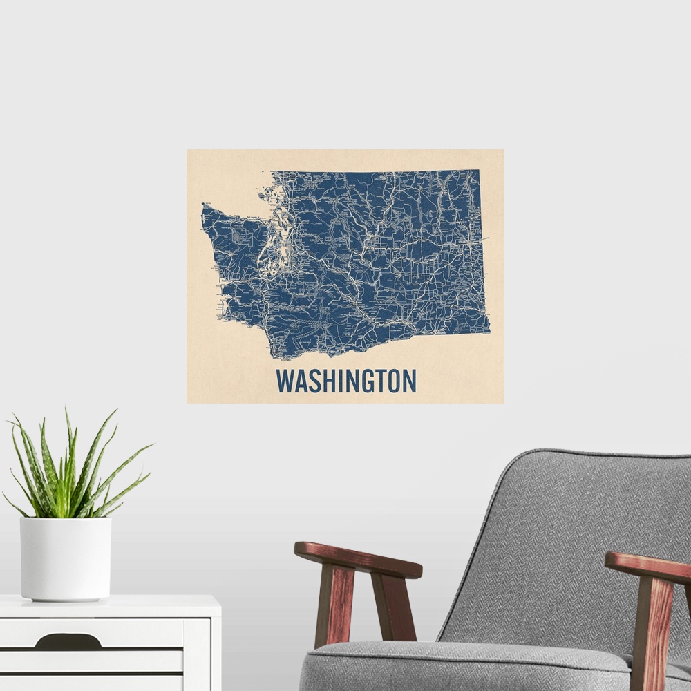 A modern room featuring Vintage Washington State Road Map 1