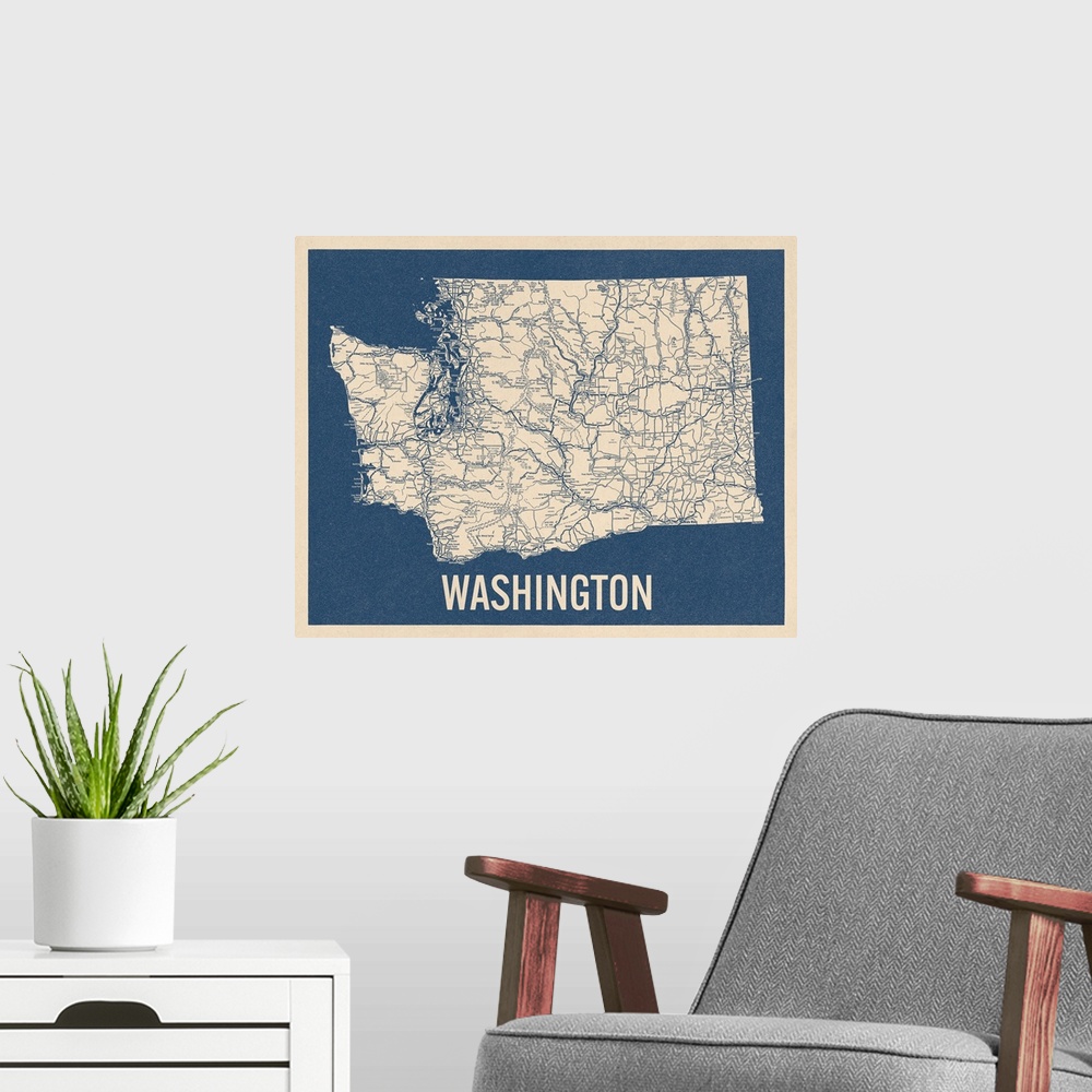 A modern room featuring Vintage Washington State Road Map 2