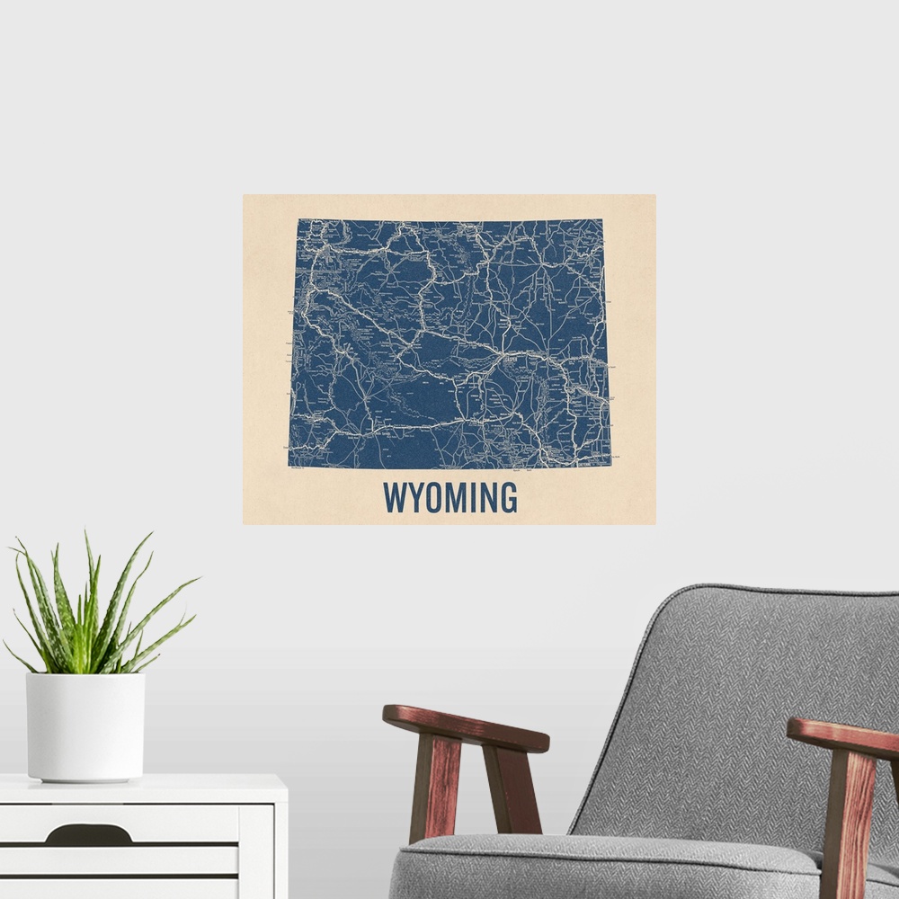 A modern room featuring Vintage Wyoming Road Map 1