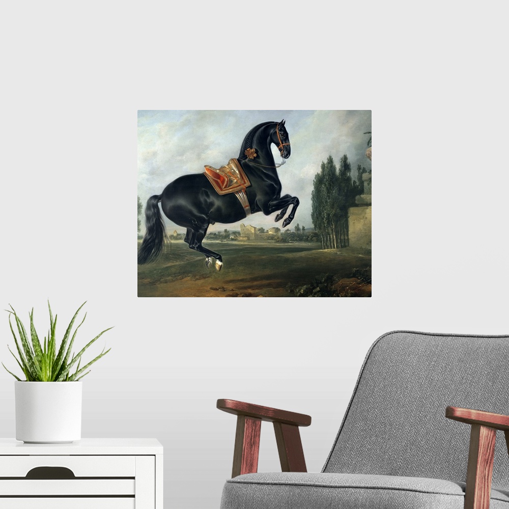 A modern room featuring XAM65652 A black horse performing the Courbette (oil on canvas) (for detail see 264709)  by Hamil...