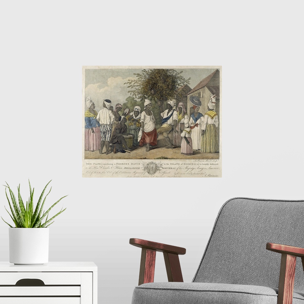 A modern room featuring A Dance in the Island of St. Dominica (colour engraving)  by Brunias, Agostino (1728-96); aquatin...