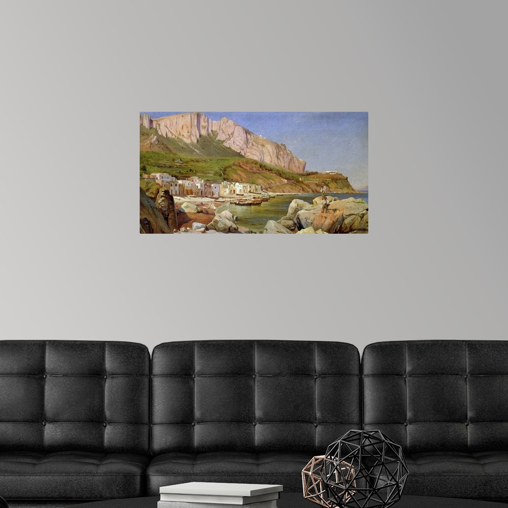 A modern room featuring Oil painting overlooking a small fishing village in a bay with large cliffs and rocks surrounding...
