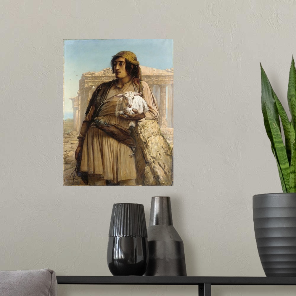 A modern room featuring A Shepherd Boy standing before the Parthenon (oil on canvas)
