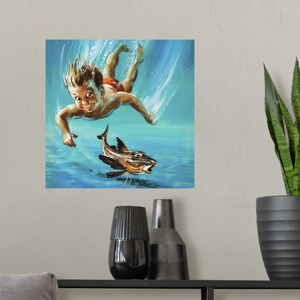 A modern room featuring A young child diving as a tropical fish is startled.