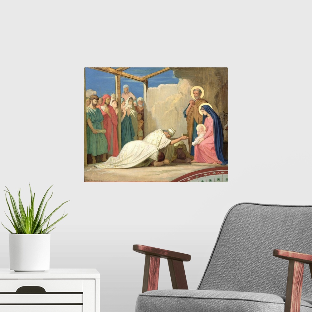 A modern room featuring XMP26279 Adoration of the Magi, 1857 (oil on card)  by Flandrin, Hippolyte (1809-64); 45.5x56.5 c...