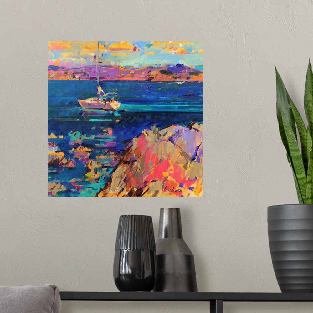 A modern room featuring At Anchor, St Tropez Coast (originally oil on canvas) by Graham, Peter
