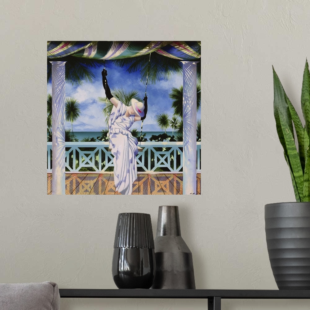 A modern room featuring Contemporary painting of a a woman on a swing in a tropical beach.