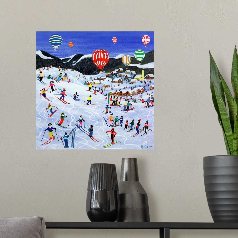 A modern room featuring Contemporary painting of people skiing down a hill with hot air balloons in the sky.