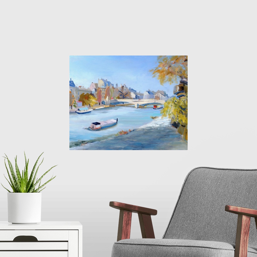 A modern room featuring Barge sailing down the river Seine in Paris