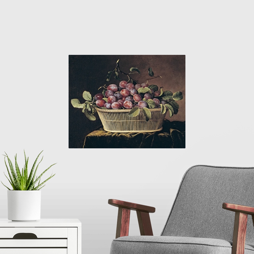 A modern room featuring XIR213933 Basket of Plums (oil on canvas)  by Dupuis, Pierre (1610-82); Musee Jeanne d'Aboville, ...
