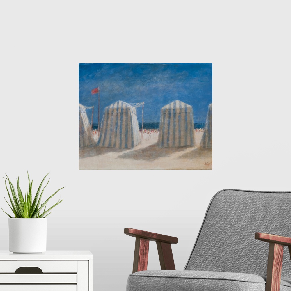 A modern room featuring Beach Tents, Brittany, 2012 by Lincoln Seligman, acrylic on canvas.