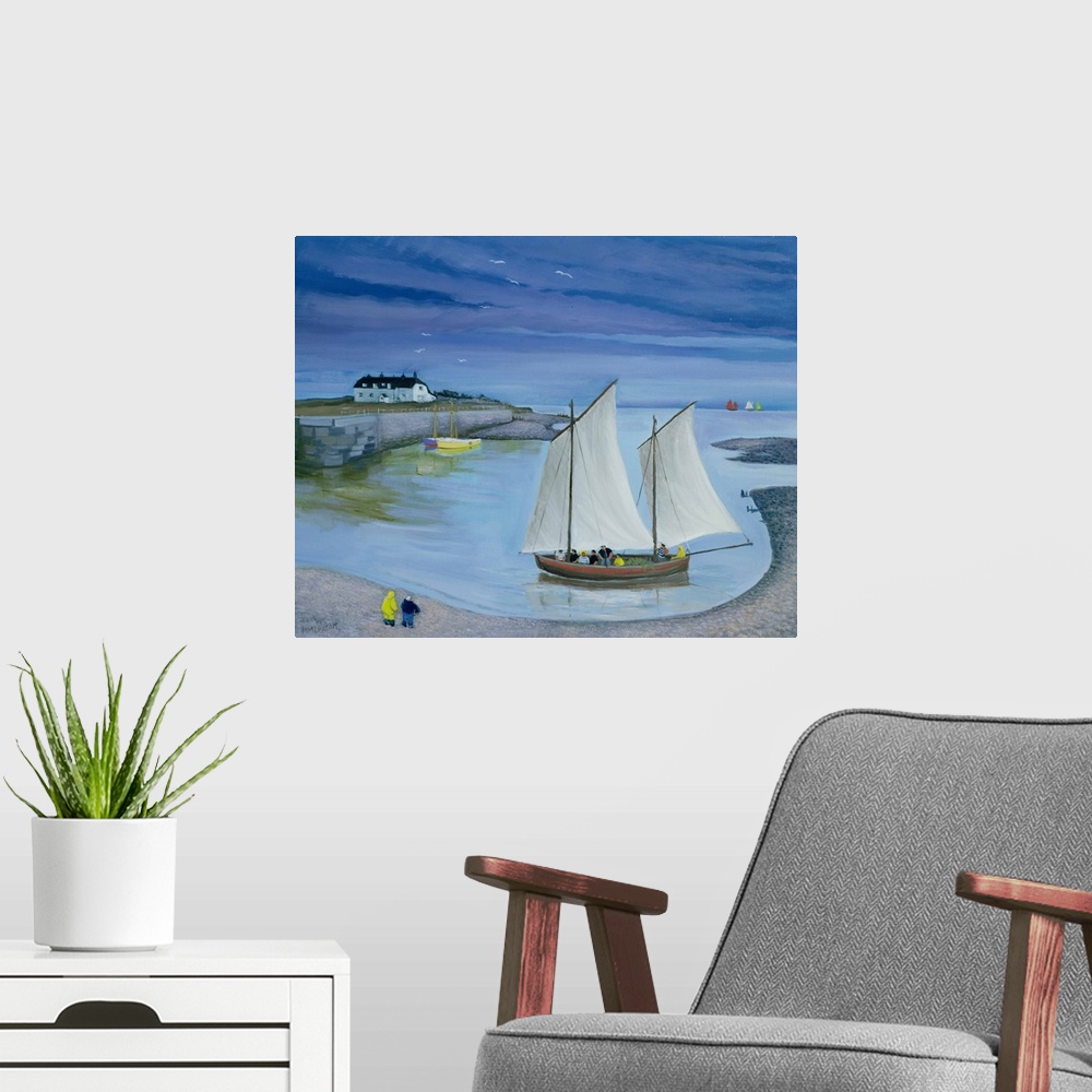 A modern room featuring Contemporary painting of a boat with large sails approaching the shore.