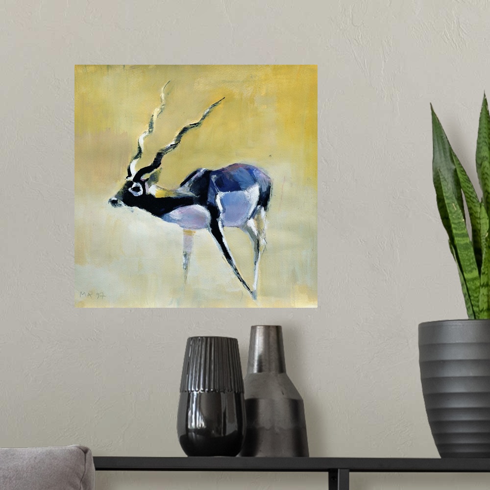 A modern room featuring Contemporary painting of an antelope with large horns.