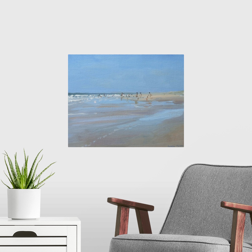 A modern room featuring Contemporary painting of people at the beach at low tide.