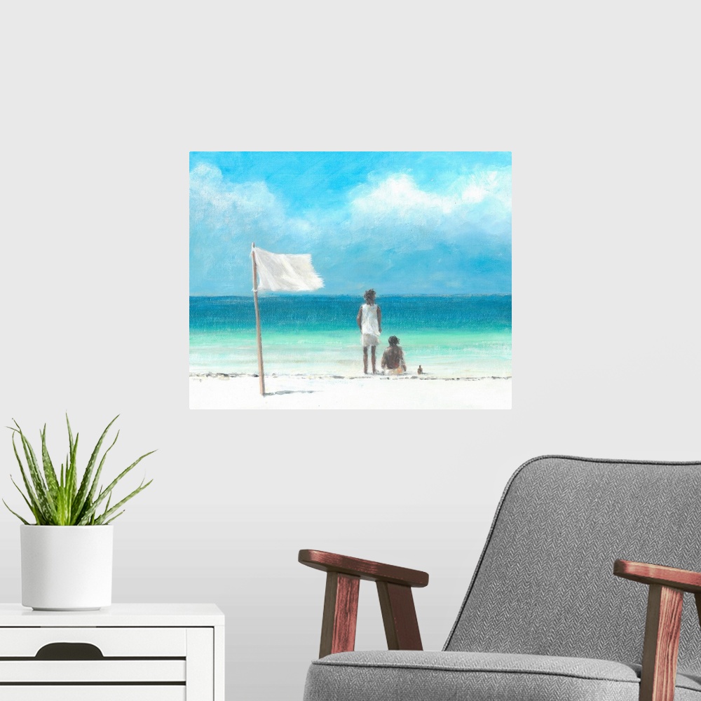 A modern room featuring Contemporary painting of two children on a beach with a white flag behind them.