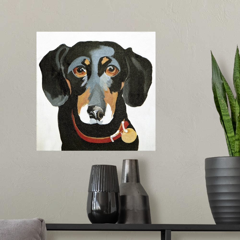A modern room featuring Contemporary painting of a portrait of a black dog.