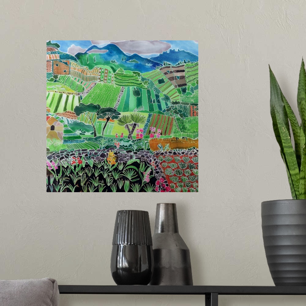 A modern room featuring Contemporary painting of an agricultural landscape with mountains in the distance.
