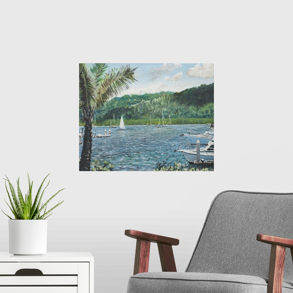 A modern room featuring Contemporary painting of a scenic Australian harbor.